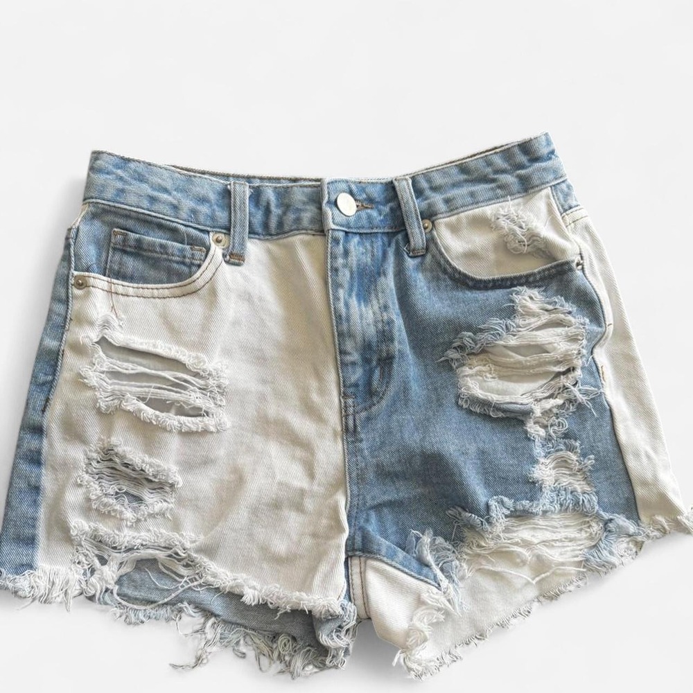 American Bazi Two Tone Colorblock Distressed Denim Shorts Blue White Small